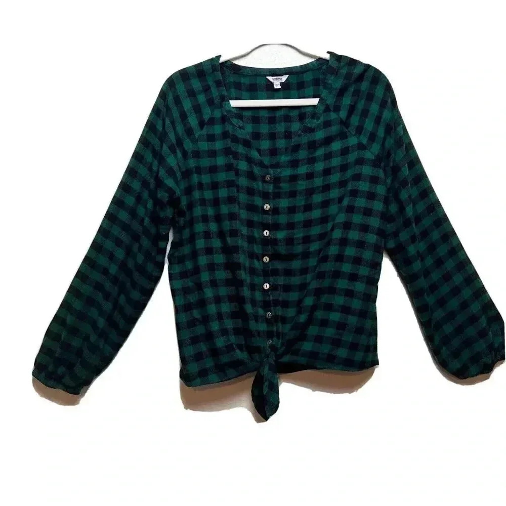 Sonoma Womens Green Black Check Gingham Flannel Button Up Shirt Sz L‎ Tie Front